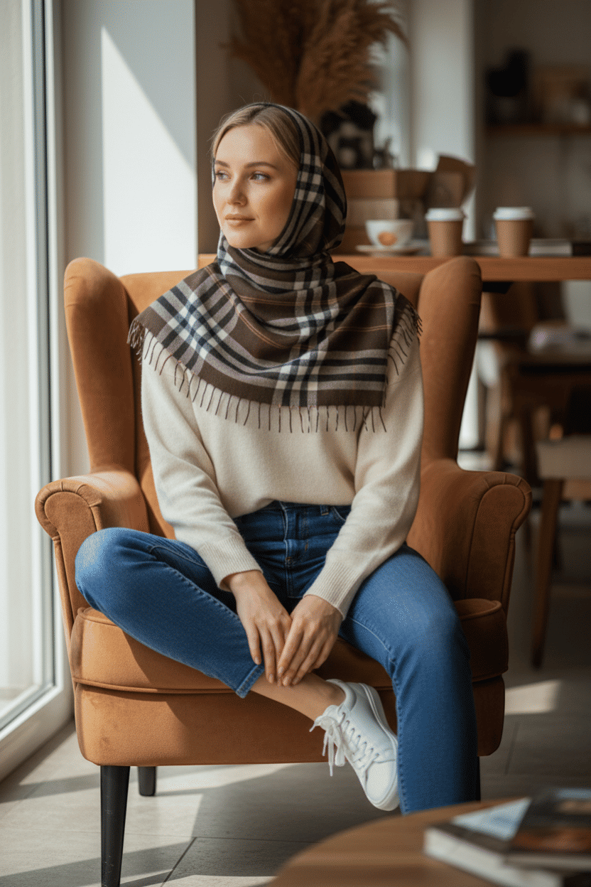 Tan Plaid Wool Scarf
